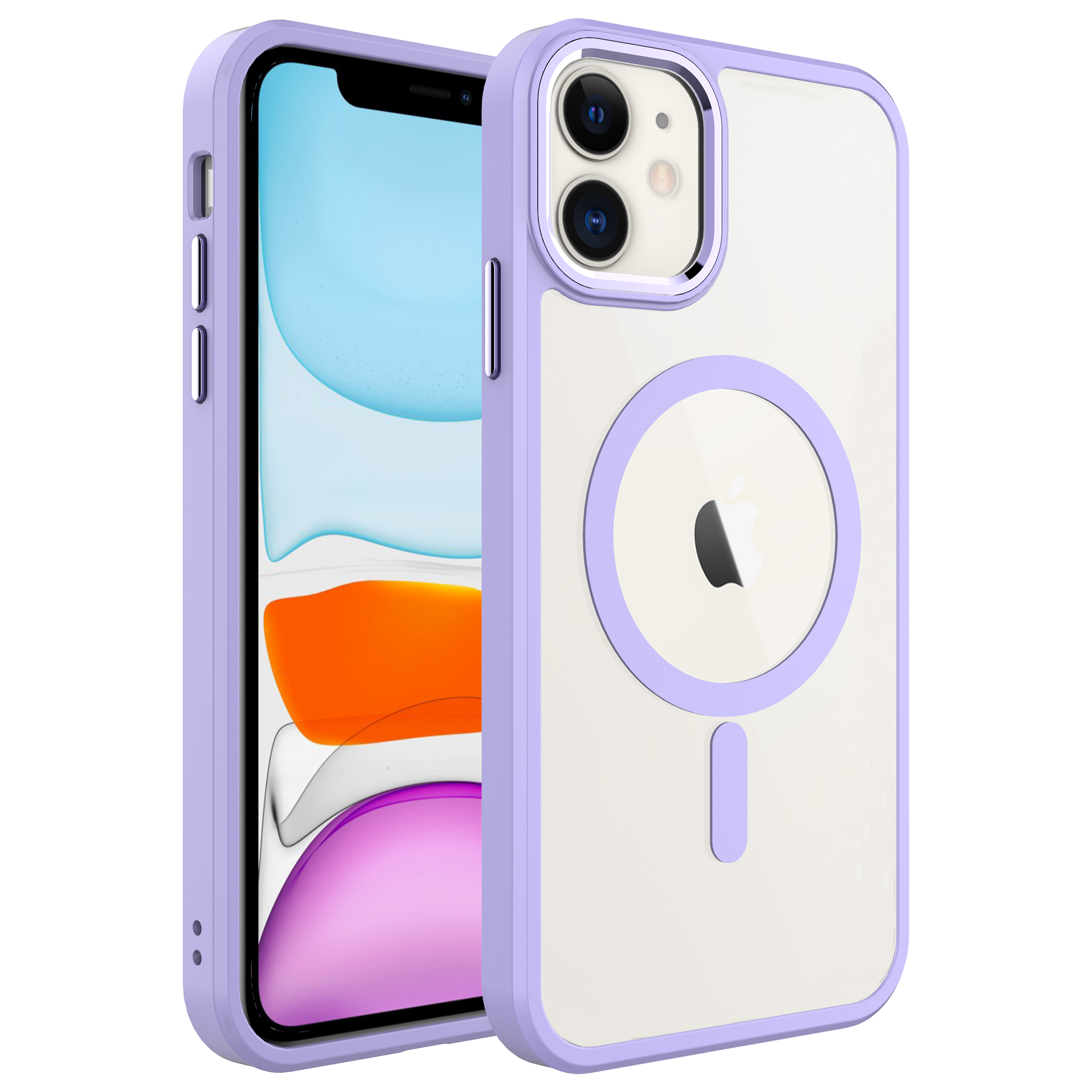 Mor kılıflı iki iPhone. Biri ekranı gösteriyor. Diğeri Apple logosu ve kamerası olan arka tarafı.