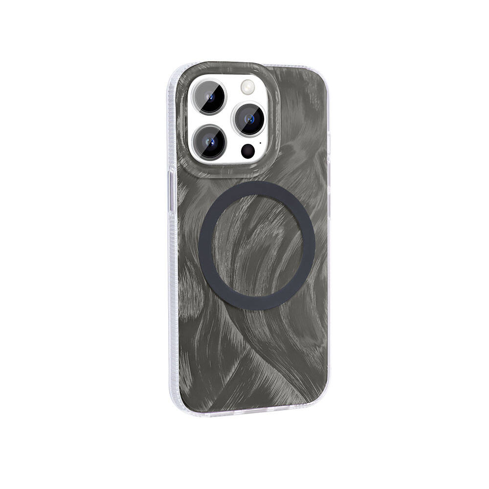 Gri kılıflı bir iPhone, dairesel bir halka ve şeffaf bir kenar. Kılıfın dokulu bir deseni ve birden fazla kamera merceği var.