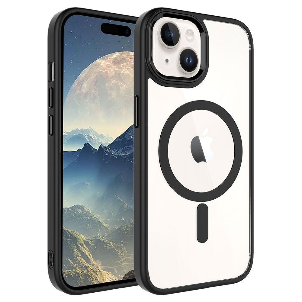 İki iPhone kılıfı, biri gezegen görüntüsüyle telefon ekranını, diğeri Apple logosunu ve manyetik bir daireyi gösteriyor.
