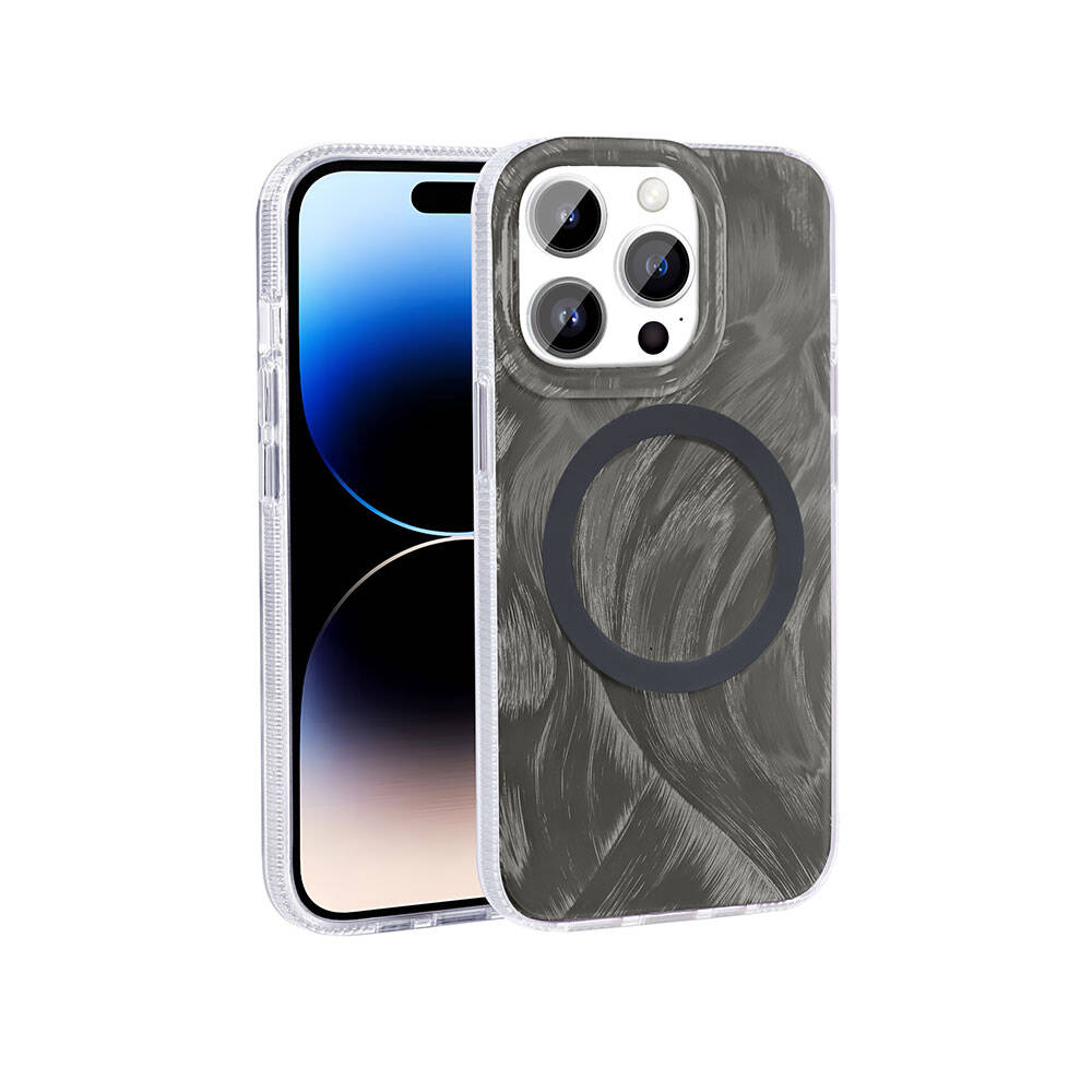Şeffaf kılıflı bir iPhone. Kılıf, gri, girdaplı bir tasarıma sahip. Telefon ekranı, mavi ve siyah geçişlerle görülebilir.