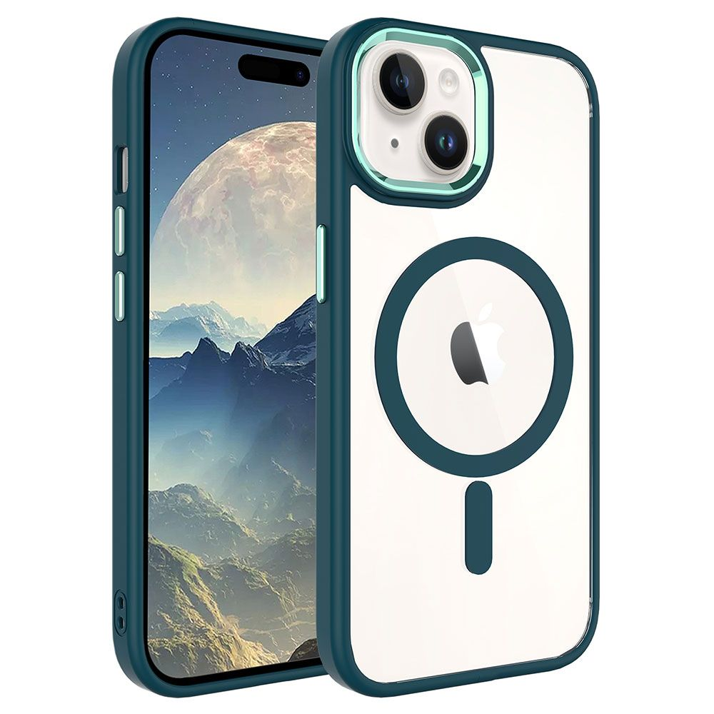 İki turkuaz renkli iPhone kılıfı, biri ekranı manzara ile gösteriyor, diğeri ise dairesel bir tasarım ve Apple logosuyla.