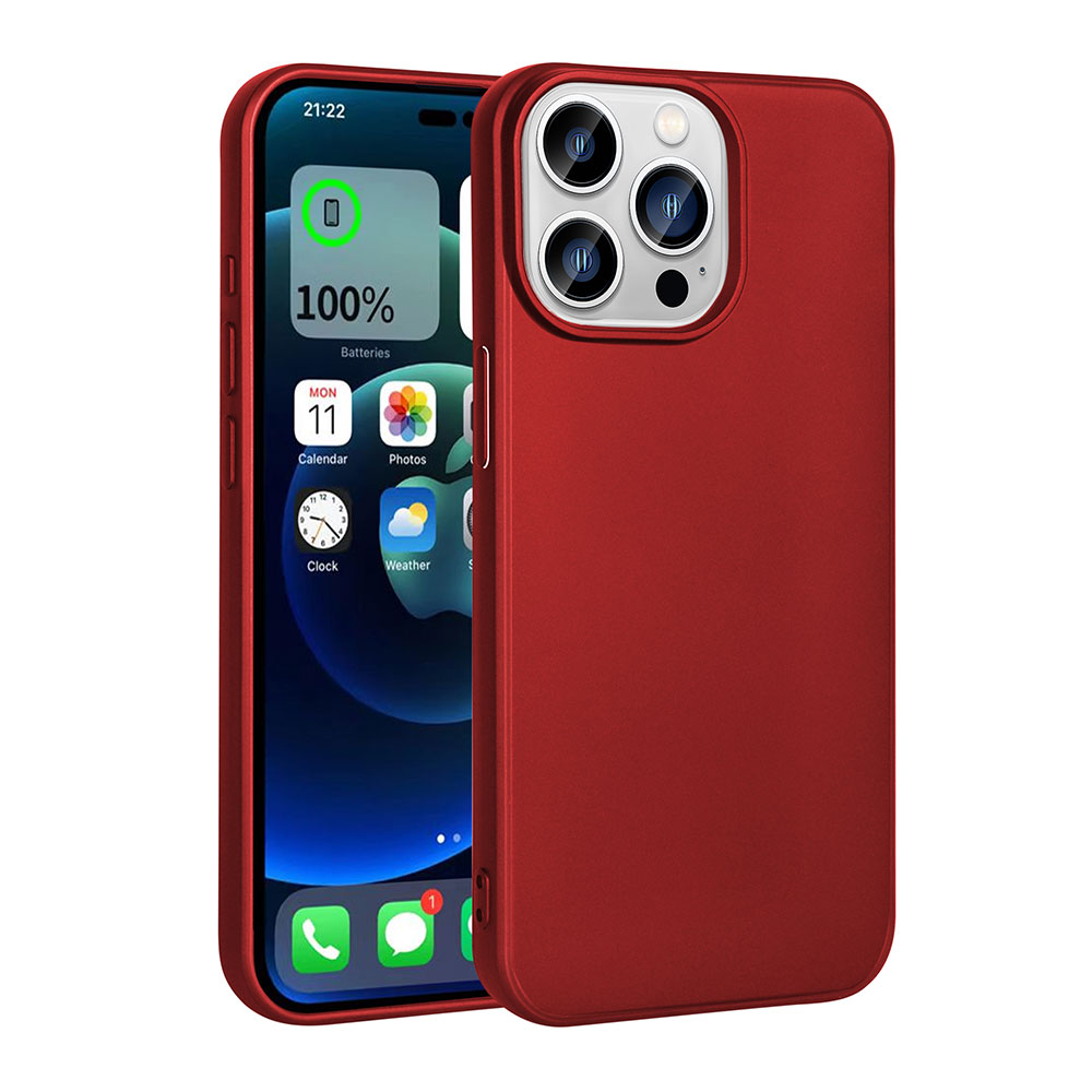 Eşleşen bir kılıfla kırmızı bir iPhone, uygulama simgeleri ve %100 pil göstergesiyle ana ekranı görüntülüyor.
