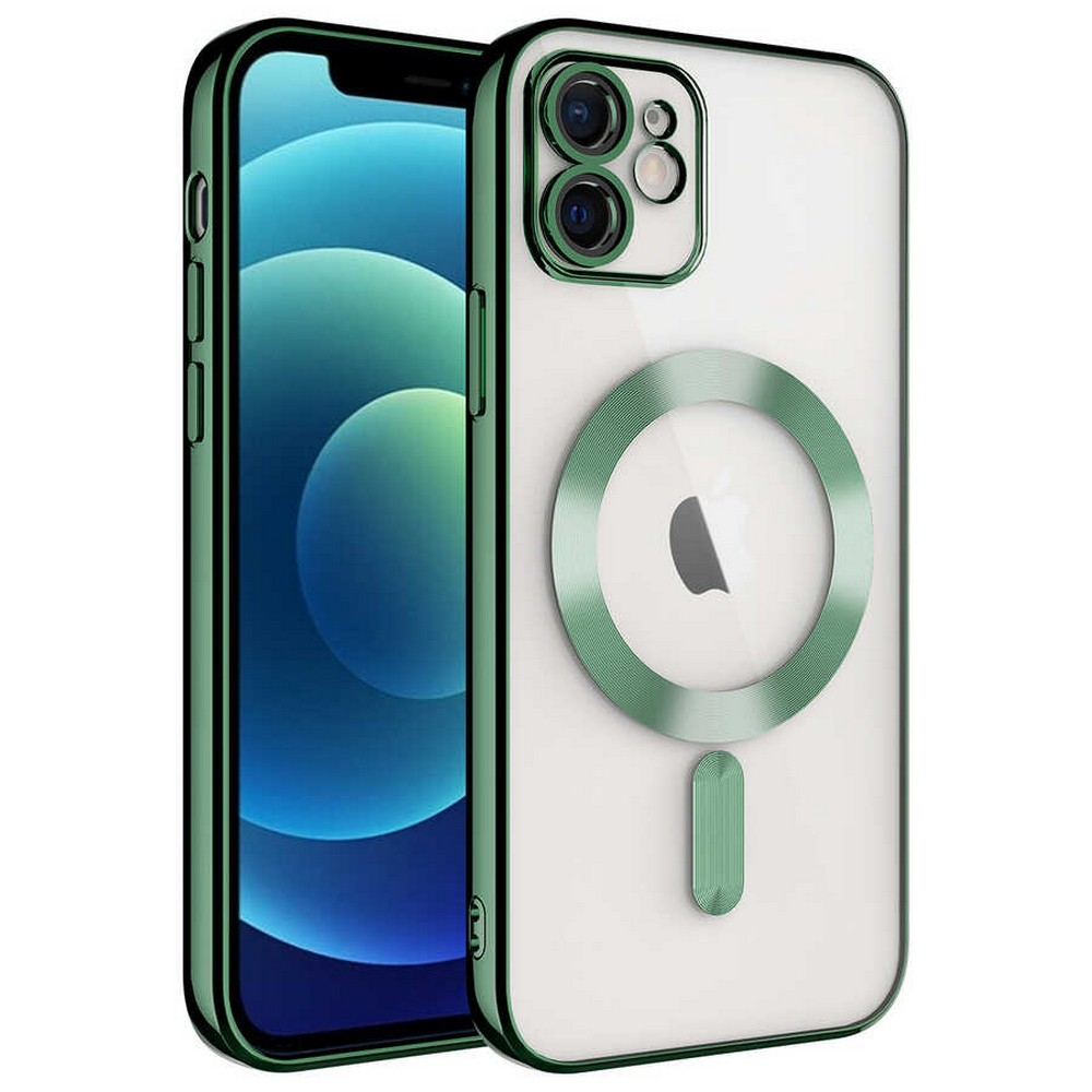 Yeşil kenarlı şeffaf kılıflı bir iPhone. Ekran mavi ve yeşil bir degrade gösteriyor. Kılıfın üzerinde yeşil bir daire var.