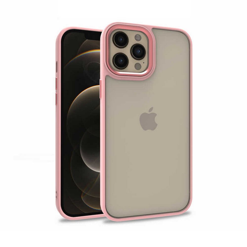 Pembe kenarlı bir kılıf içinde bir iPhone ve ekranı gösteren diğeri. Her ikisi de beyaz bir arka plan üzerinde.