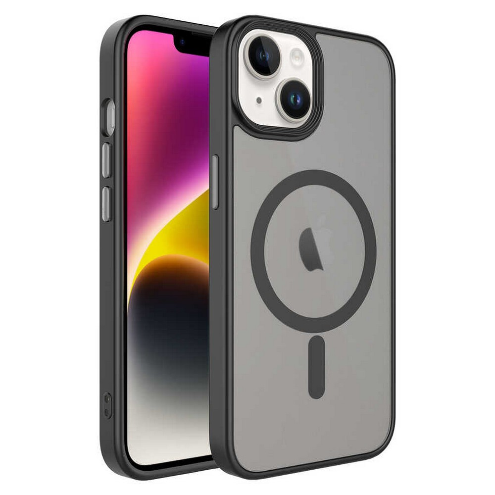 Siyah kılıflı, gri arka yüzeyli ve Apple logolu bir iPhone. Ekran pembe ve sarı geçişler gösteriyor.