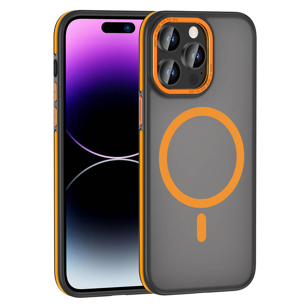 Koruyucu kılıf içinde bir iPhone. Kılıf gri, turuncu detaylı. Telefon ekranı siyah, mor ve beyaz detaylı.