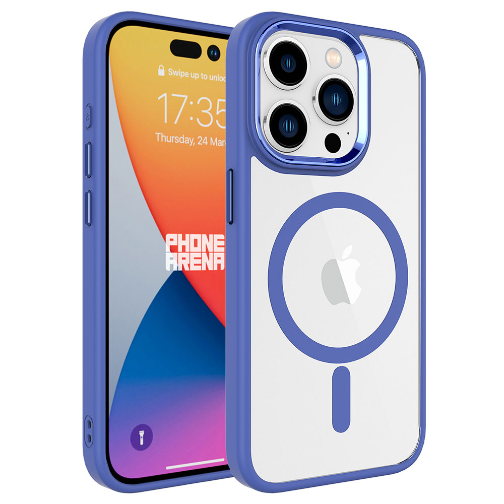 Mavi çerçeveli iki iPhone kılıfı. Biri saati gösteren telefon ekranını görüntüler. Diğeri, mavi bir halka ve Apple logosu olan şeffaf bir arka kısma sahiptir.