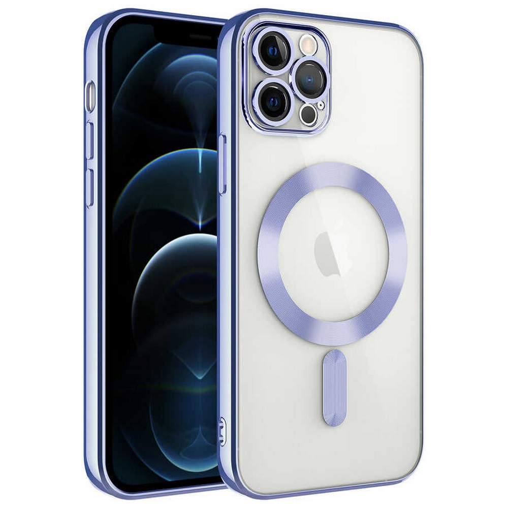 Koruyucu kılıflı iki iPhone. Kılıflar mavi detaylı şeffaftır. Bir kılıfın arkasında mavi bir halka ve şerit bulunur.