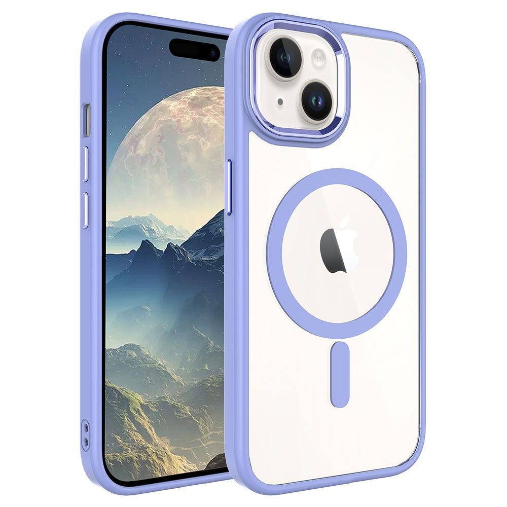 İki iPhone kılıfı, birinde gezegen ve dağları gösteren bir ekran var. Her iki kılıf da açık mor ve şeffaf.