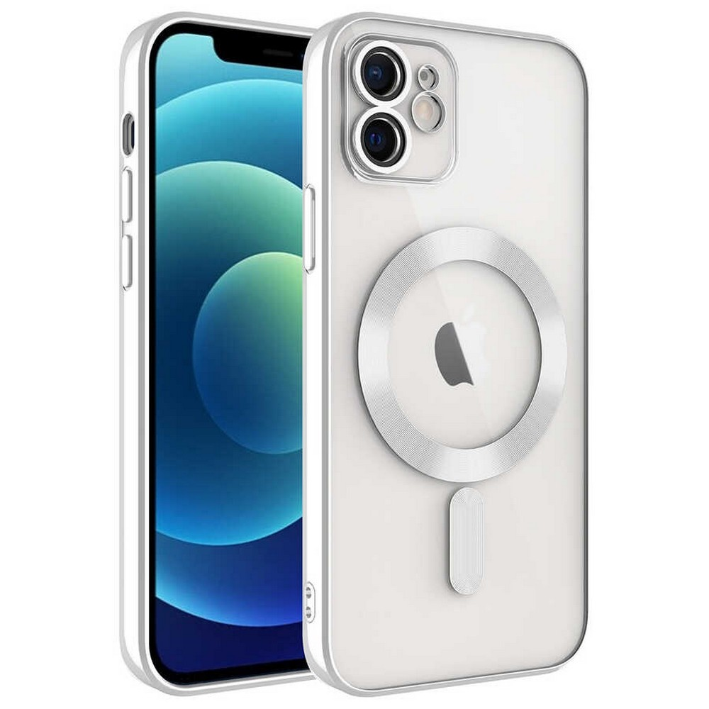 Gümüş çerçeveli şeffaf telefon kılıfı. İçinde iPhone. Arkasında gümüş halka ve dikdörtgen var. Apple logosu görünüyor.