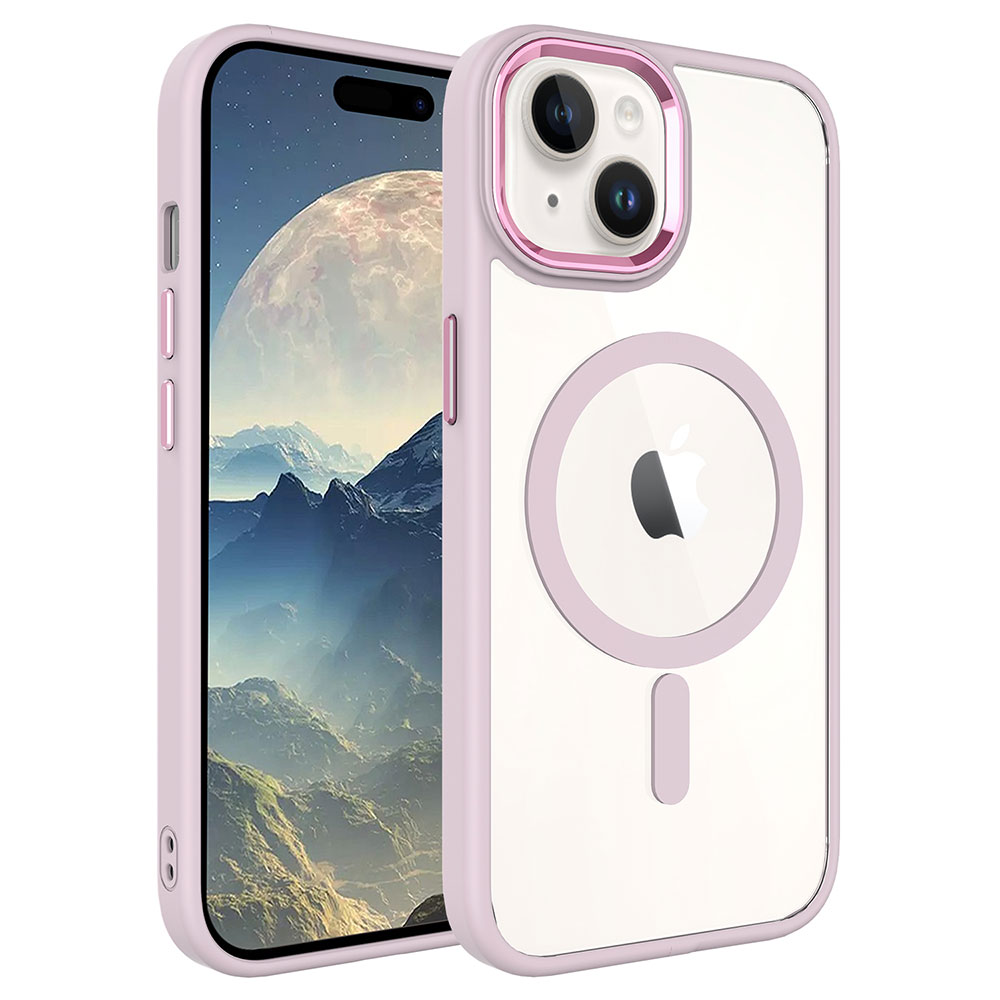 Manzara arka planlı bir telefonda iki şeffaf telefon kılıfı. Her iki kılıf da pembe ve Apple logosuna sahip.