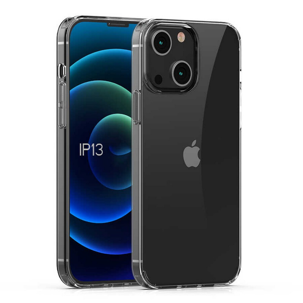 Şeffaf kılıflı iki iPhone. Bir tanesi mavi arka planlı ekranı gösterir. Diğeri Apple logosu ile arka tarafı gösterir.
