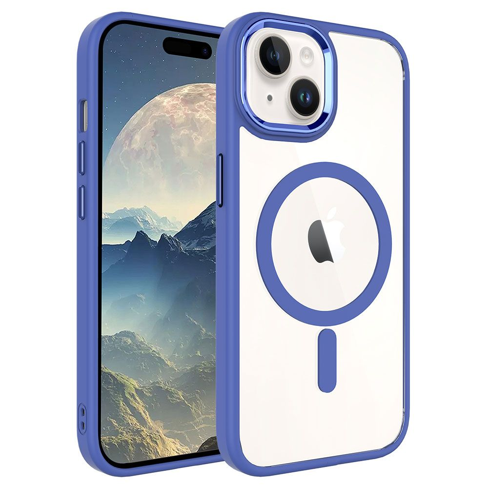 İki iPhone kılıfı. Sağdaki mavi çerçeveli ve Apple logolu şeffaf. Soldaki kılıf bir manzara gösteriyor.