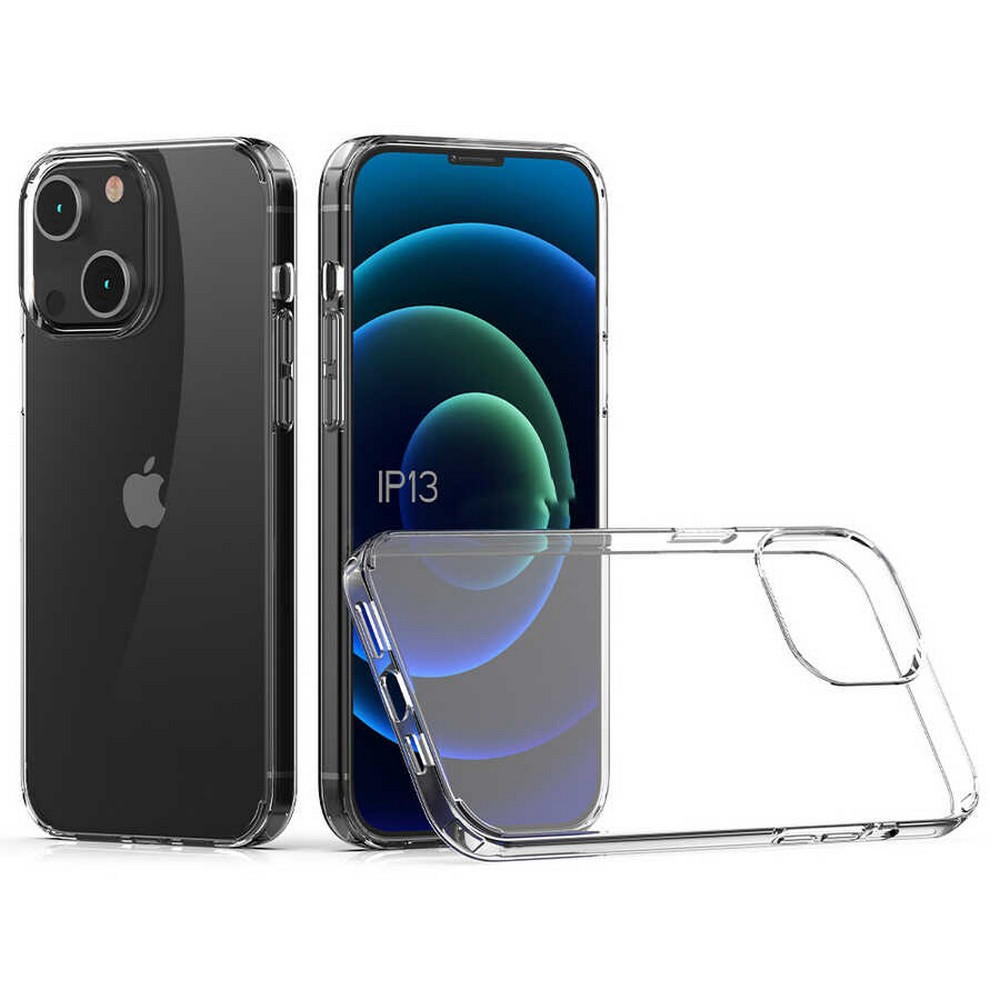 Şeffaf kılıflı üç iPhone. Biri arkasını, biri metinli ekranı gösteriyor, üçüncüsünün yanında bir kılıf var.