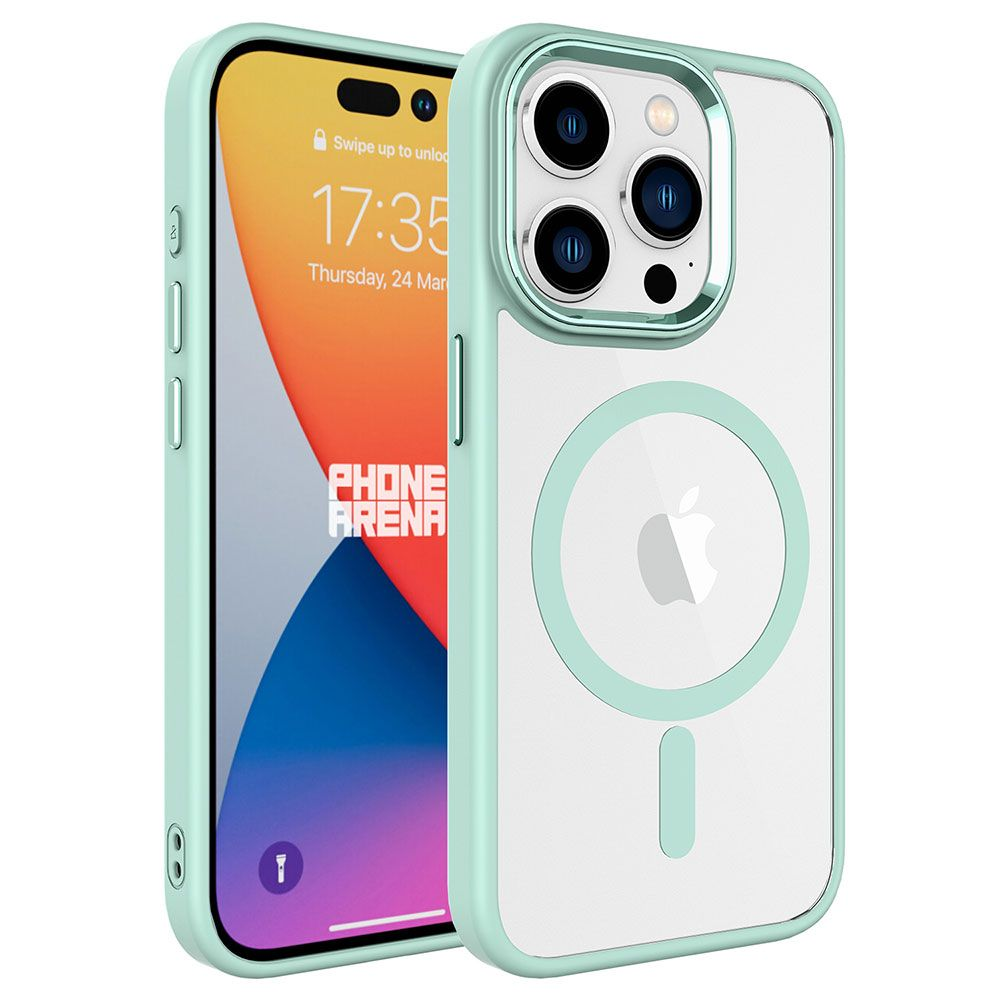 Kılıflı iki iPhone, birinde ekran saat ve tarihi gösteriyor, diğerinde kılıfın arkası görünüyor.