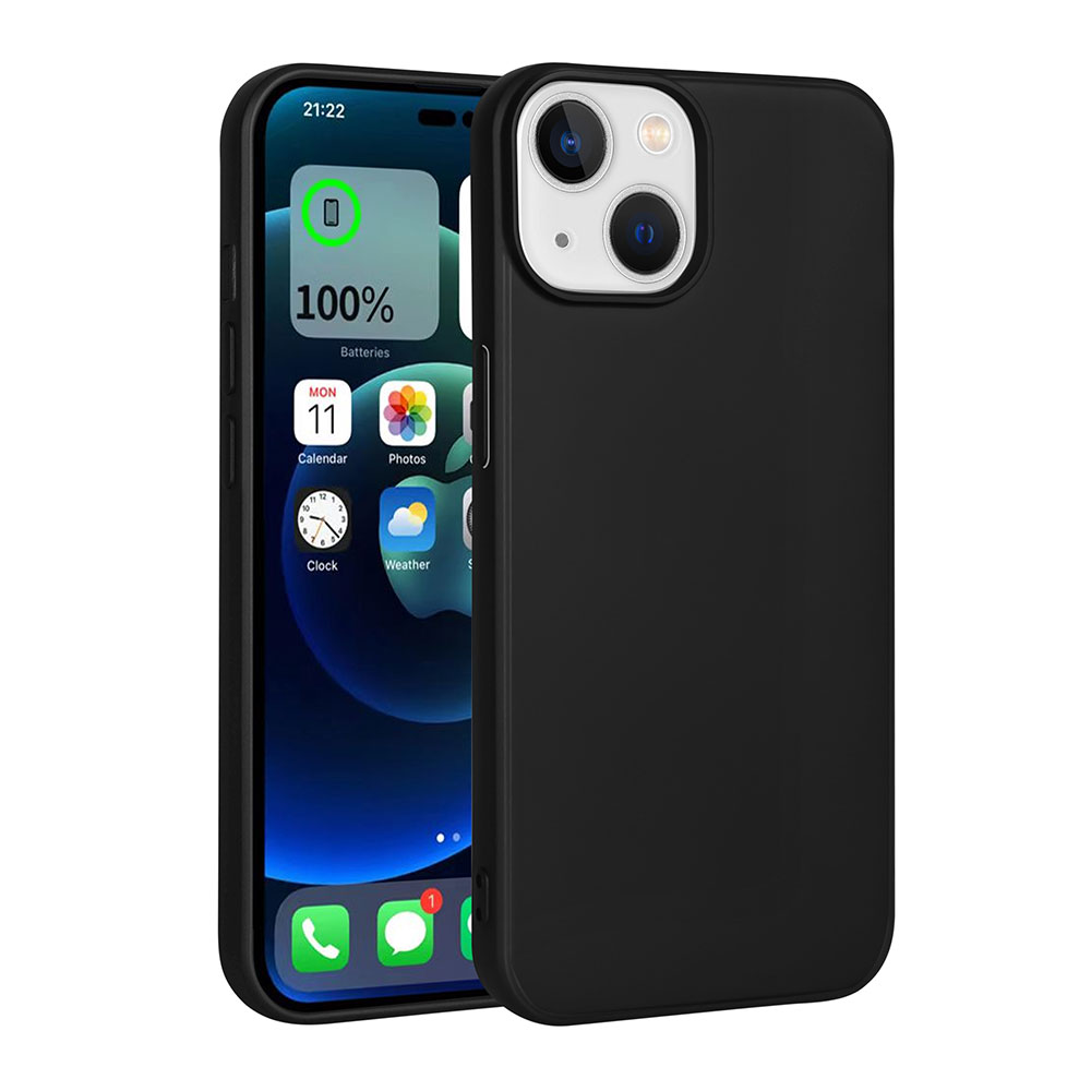 Siyah bir iPhone ve siyah bir kılıf. Ekran, uygulama simgeleriyle ana ekranı gösterir. Telefon beyaz bir arka plan üzerinde.