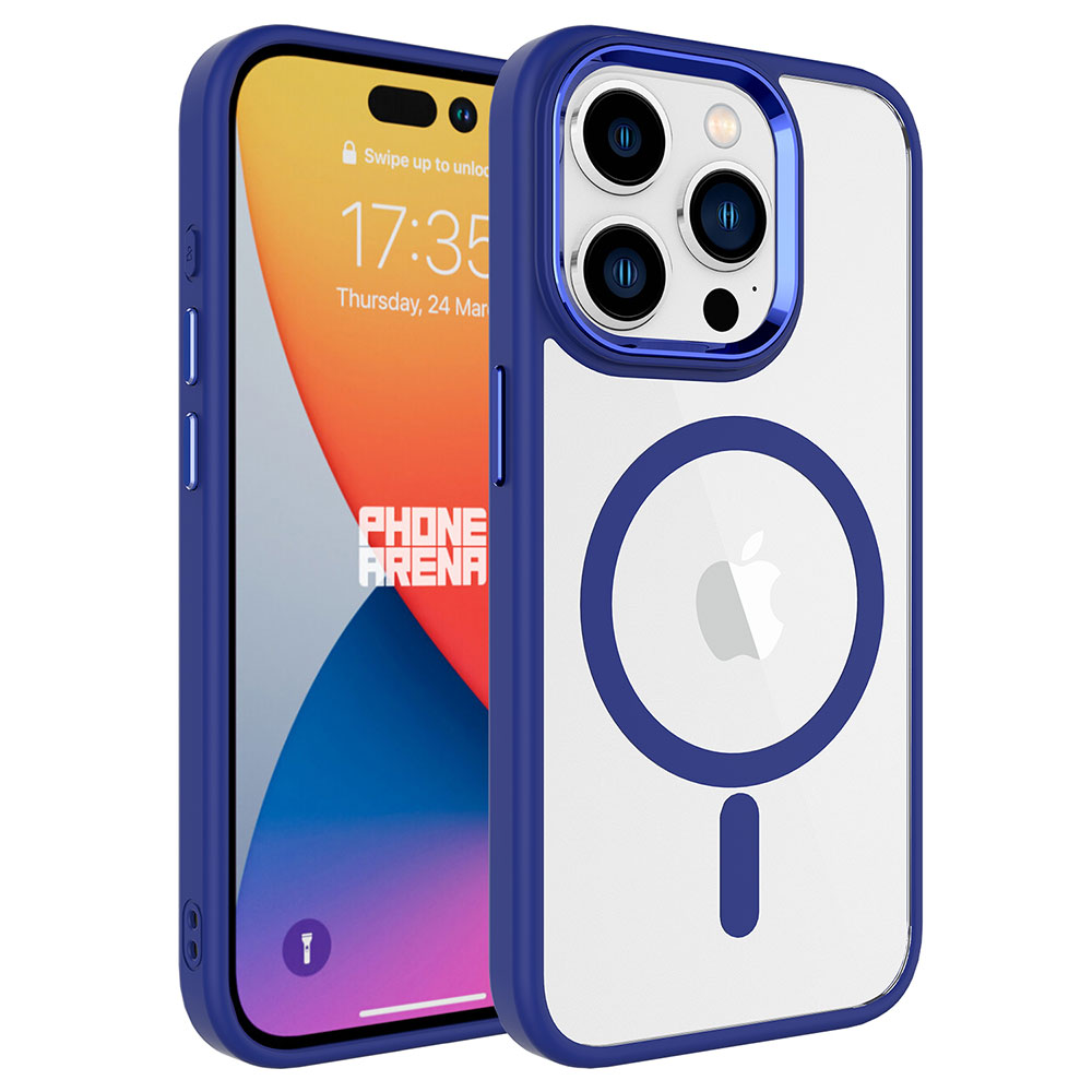Mavi çerçeveli iki telefon kılıfı, biri telefonda. Telefonda saat ve Phone Arena logosu görüntüleniyor. Apple logosu görünür.