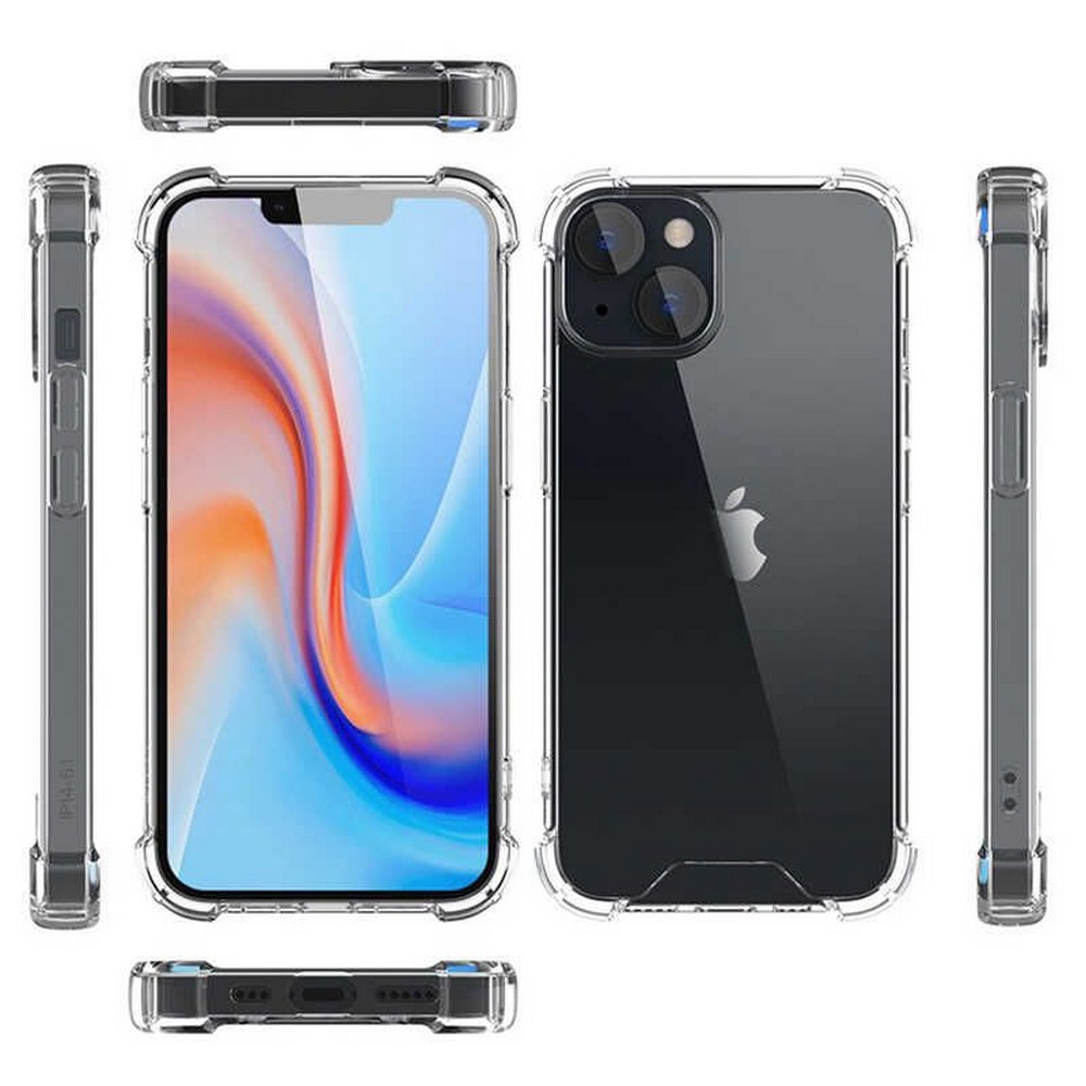 Şeffaf bir kılıf içinde bir iPhone sergileniyor. Ön, arka ve yan görünümler gösterilir. Ekran, mavi ve beyaz bir duvar kağıdı gösteriyor.