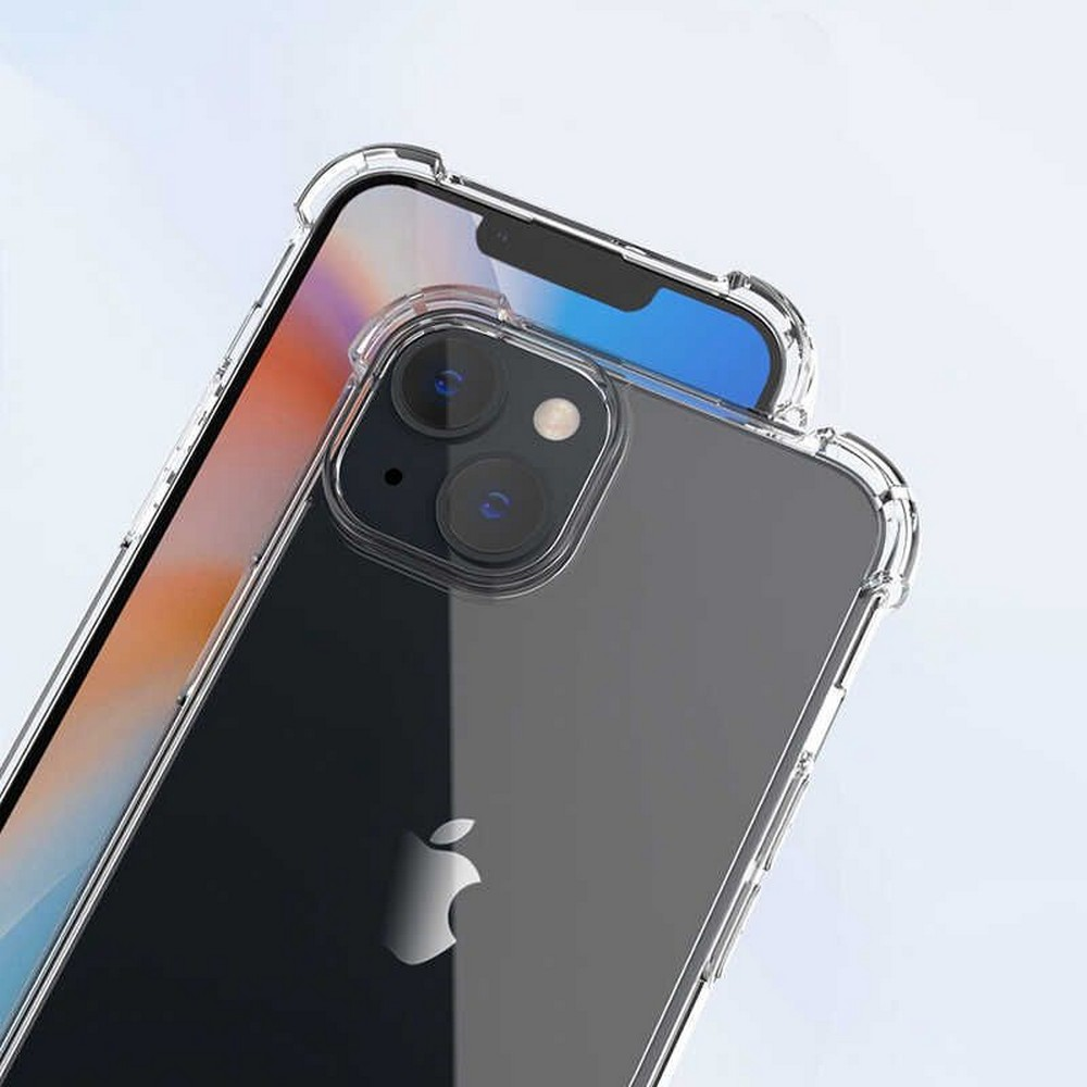 Şeffaf kılıflı iki akıllı telefon. Bir iPhone'da kamera çıkıntısı var. Apple logosu görünür. Ekran mavi.