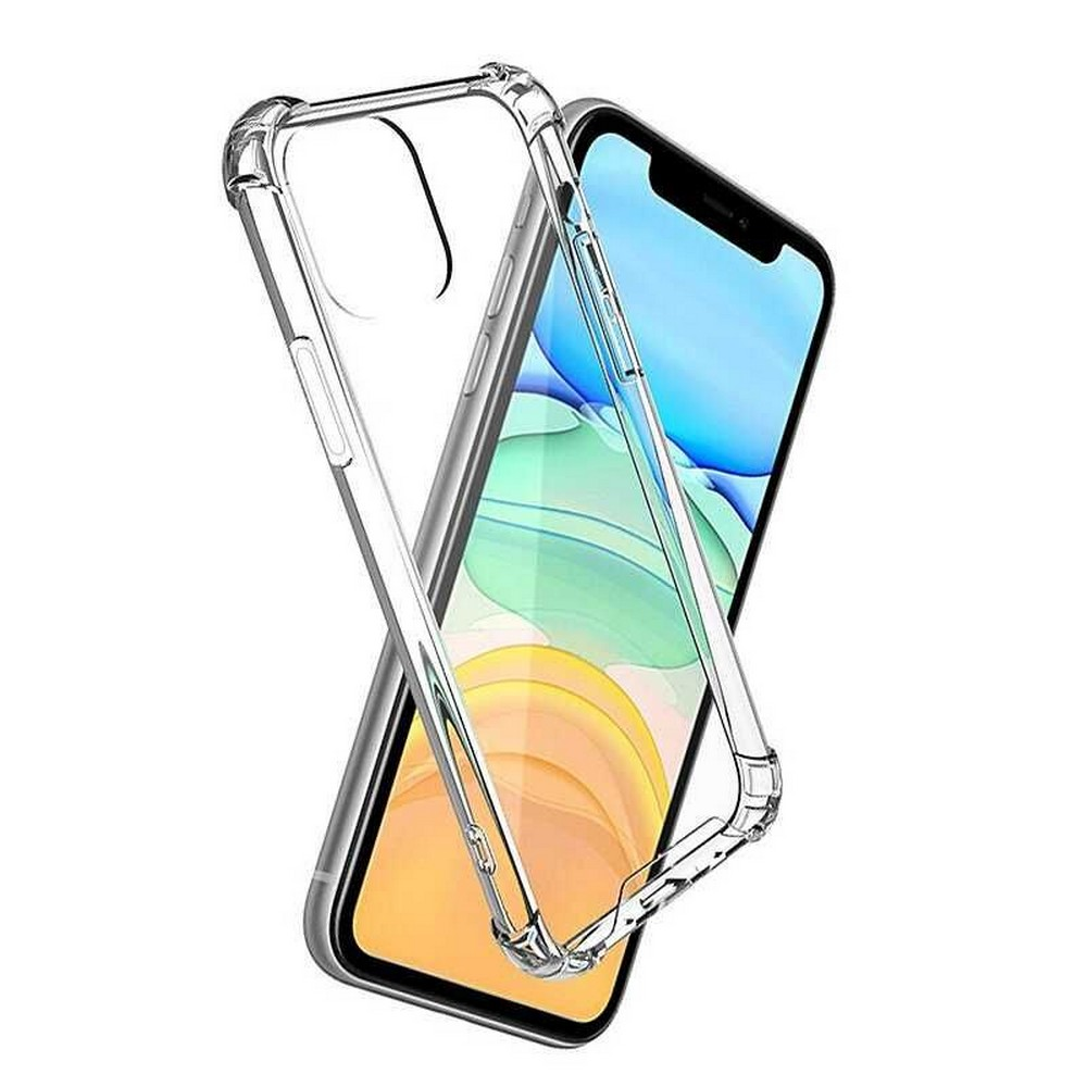 Bir akıllı telefonun yanında şeffaf bir telefon kılıfı. Telefon ekranında mavi, sarı ve yeşil renklerle bir duvar kağıdı görüntüleniyor.
