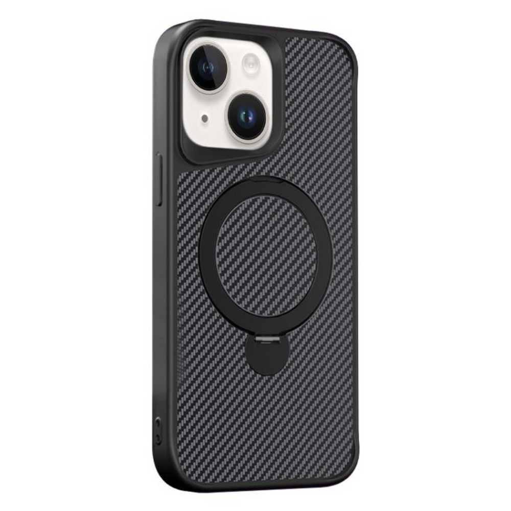 GPACK iPhone 14 Uyumlu Karbon Fiber Alp M-Safe Şarj Özellikli Standlı Telefon Kılıfı Siyah