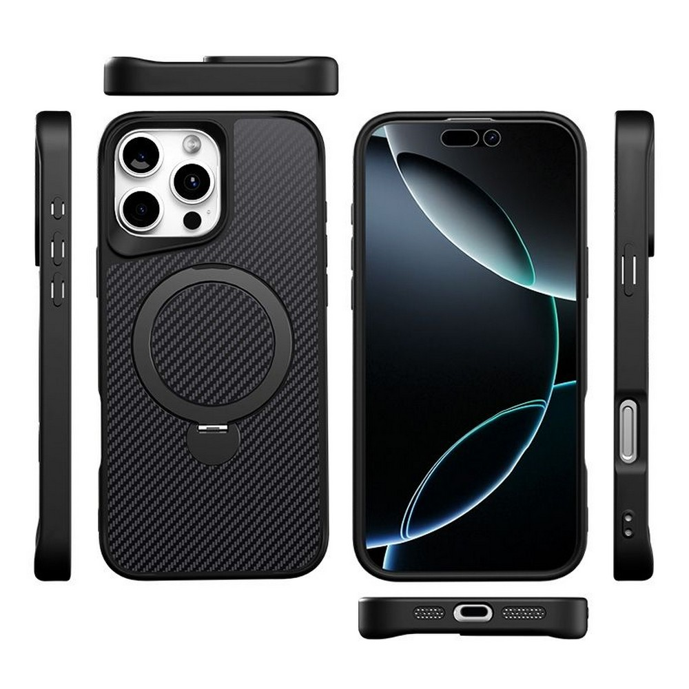 Karbon fiber dokulu, halka tutuculu siyah telefon kılıfı ve bulanık tasarımlı telefon ekranı.