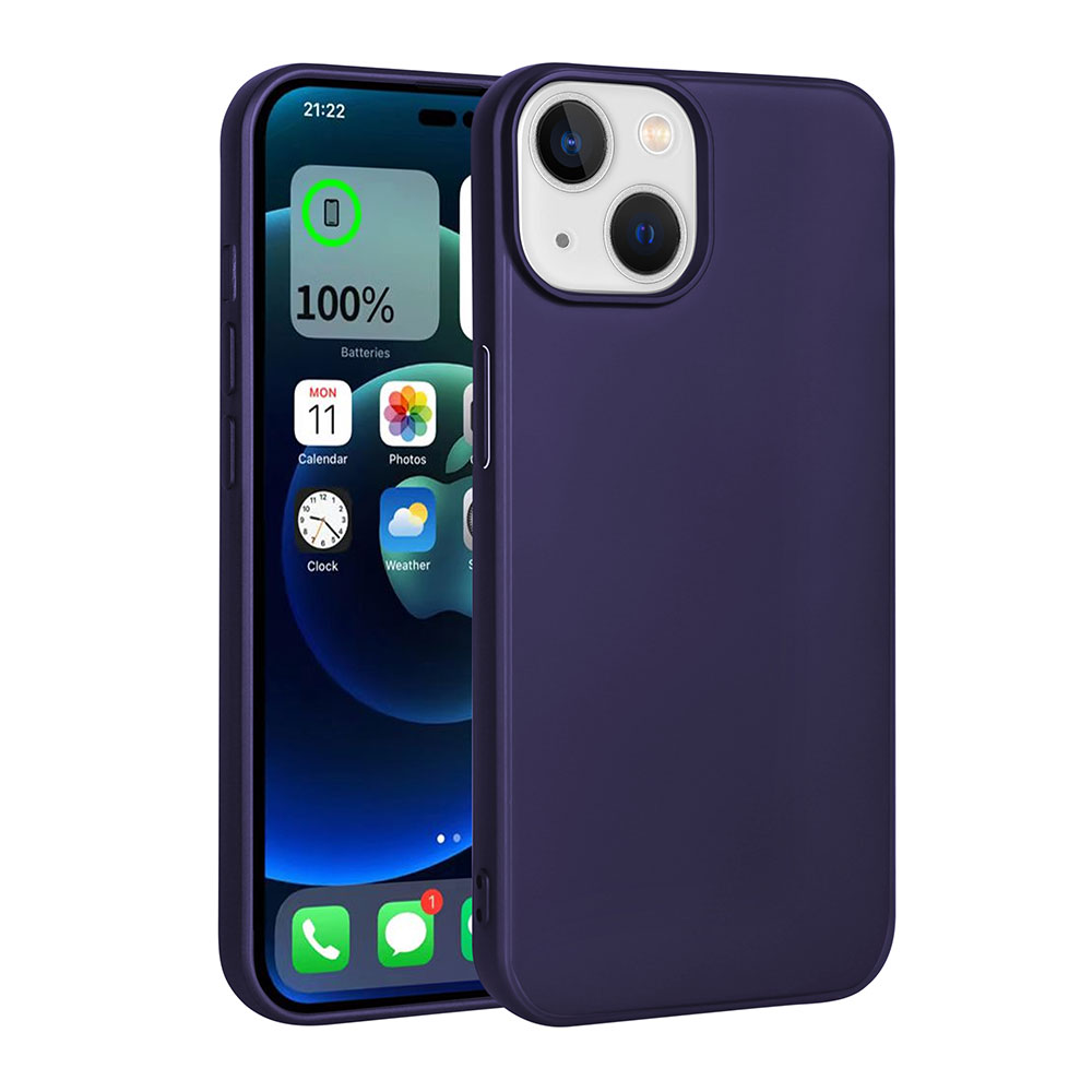 Koyu mavi bir kılıf içinde bir iPhone. Ekran, takvim, fotoğraflar ve hava durumu gibi uygulamalarla ana ekranı gösterir. Pil %100.