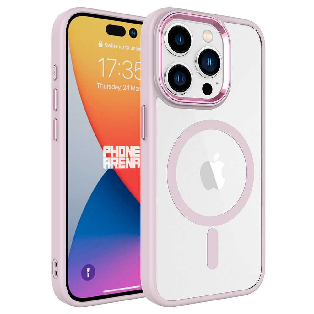 Şeffaf arka ve iPhone içinde pembe bir telefon kılıfı. Ekran, saati ve Phone Arena logosunu gösteriyor.