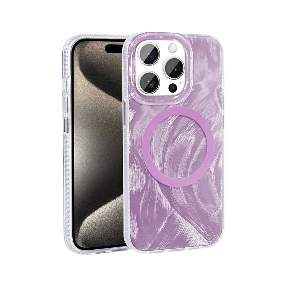 Koruyucu kılıf içinde bir iPhone. Kılıf, dairesel bir halka ile mor renktedir ve telefon izleyiciye dönüktür.