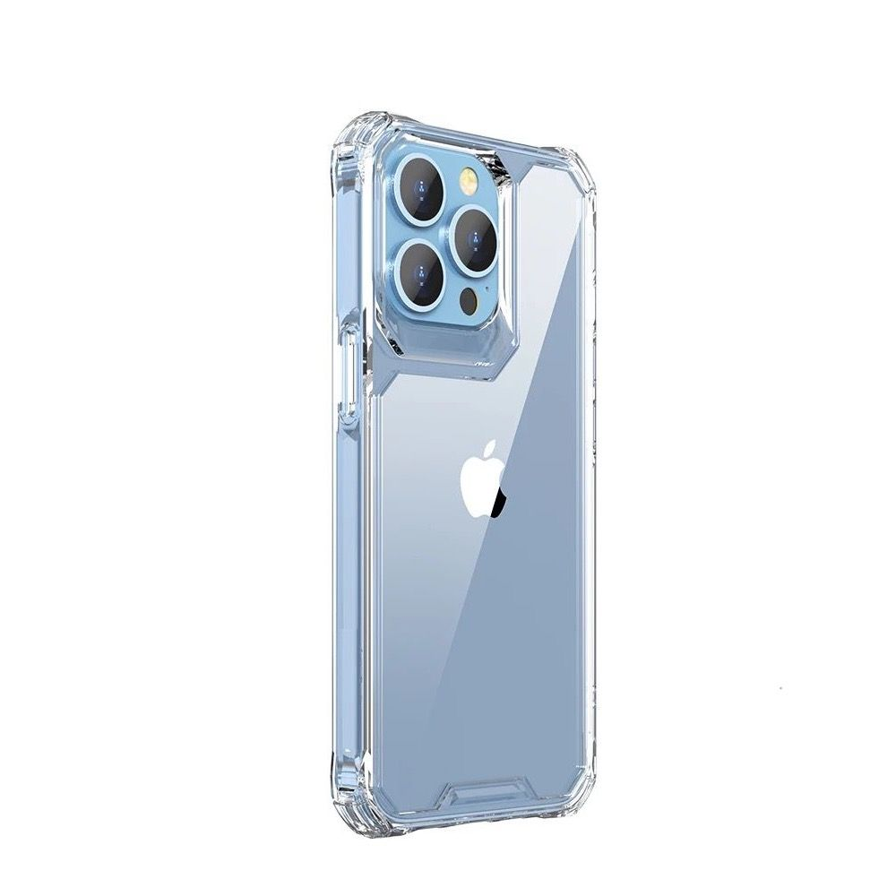 Şeffaf telefon kılıfı. Kılıf, açık mavi bir iPhone'un üzerinde. Koruyucu bir tampona ve kamera merceği kesiğine sahip.