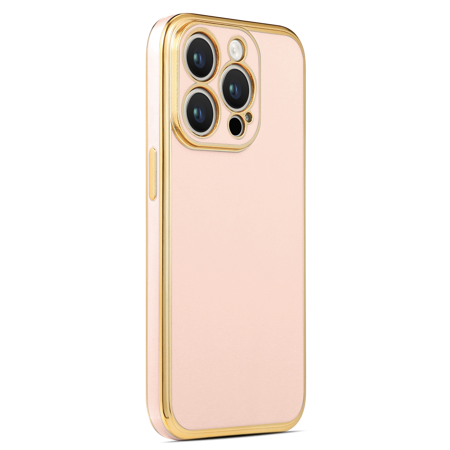 Altın çerçeveli ve kamera modüllü pembe bir telefon kılıfı. Kılıf beyaz bir arka plan üzerinde duruyor.