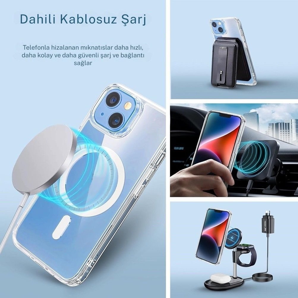 Telefonları, araç tutucusunu ve şarj standını gösteren kablosuz şarj cihazı. Telefonların kılıfları var. Beyaz ve mavi arka plan.