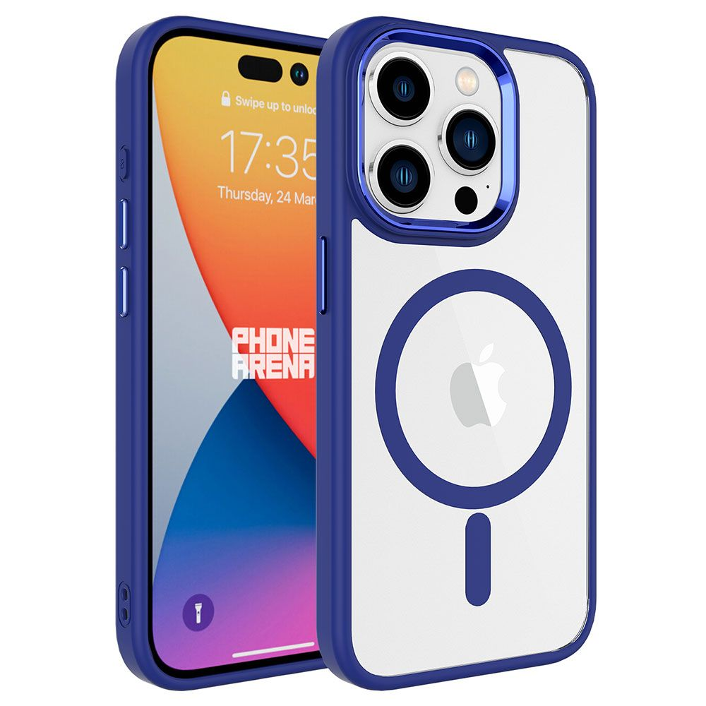 Kılıflı iki telefon görüntüleniyor. Biri saat ve tarihi gösteren bir ekran gösteriyor. Diğeri Apple logosuyla arka tarafı gösteriyor.