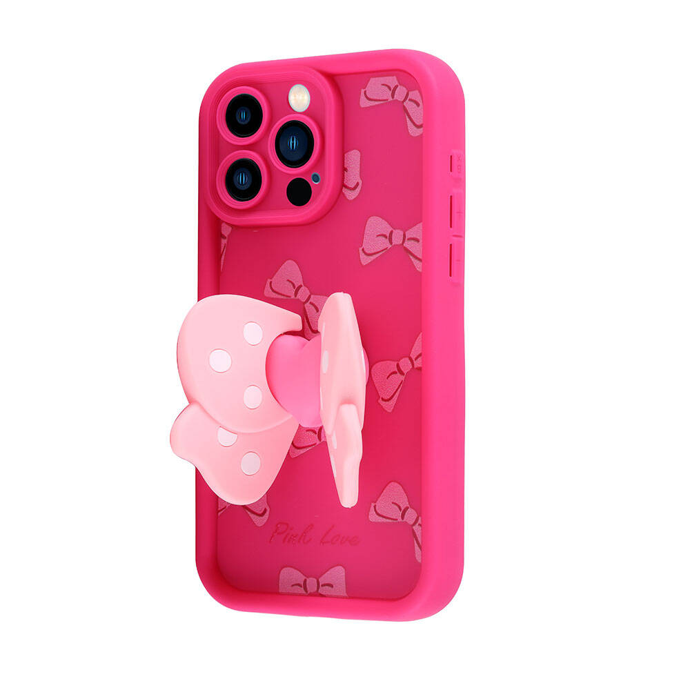 Yay desenli ve pop soketli pembe bir telefon kılıfı. Kamera lensleri ve yan düğmeleri vardır. Arka plan beyaz.