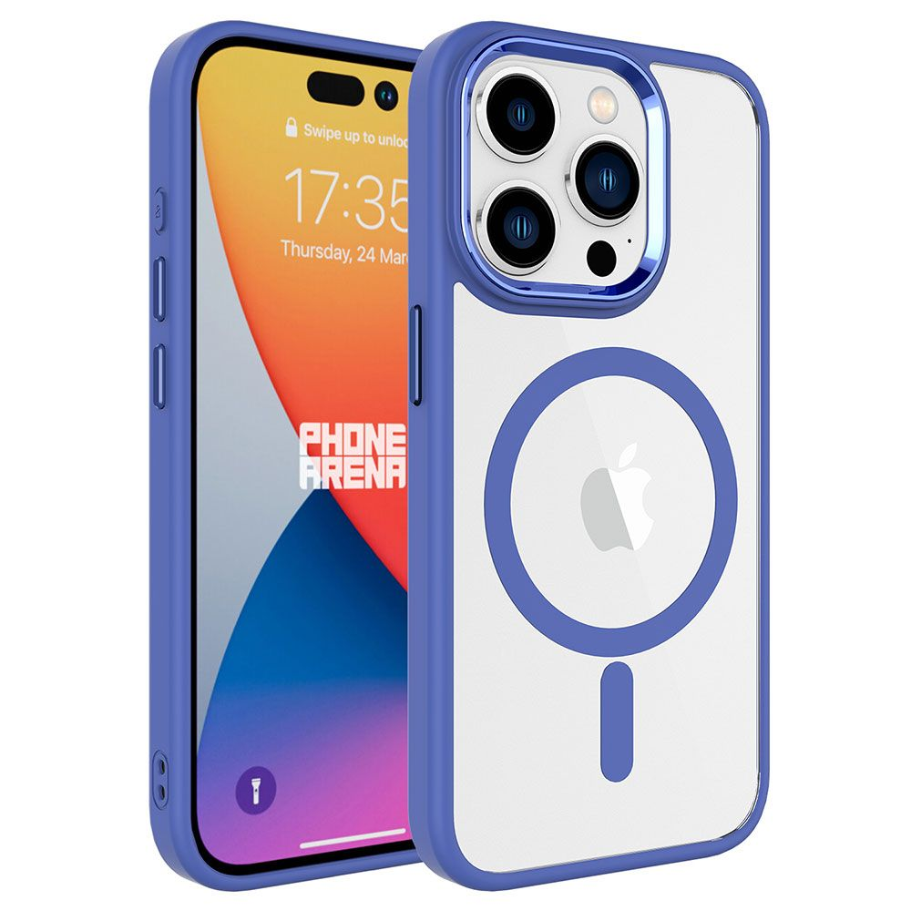 Mavi kılıflı iki akıllı telefon. Biri ekranı, saati ve logoyu gösteriyor. Diğerinde şeffaf arka kısım ve Apple logosu var.