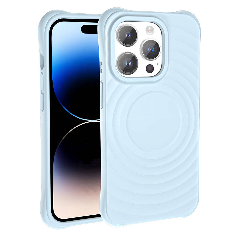 İçinde bir telefon bulunan açık mavi bir telefon kılıfı, kılıfın dairesel sırtları ve bir kamera oyuğu var. Telefon ekranı siyahtır.