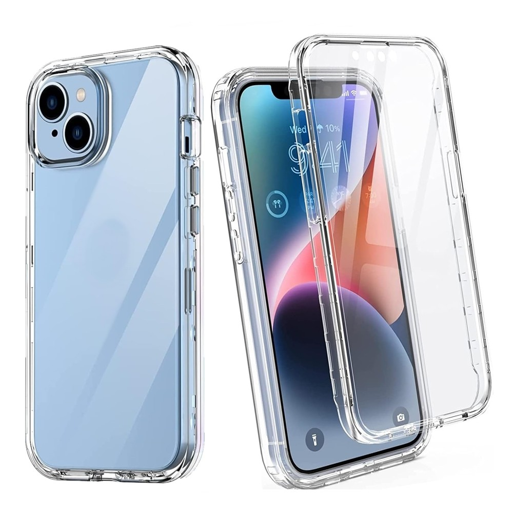 İçinde açık mavi bir telefon bulunan iki şeffaf telefon kılıfı. Diğer kılıf açıktır ve ekranı gösterir.