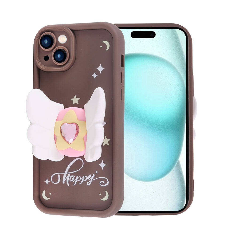 Melek kanatlı bir telefon kılıfı. Kılıf kahverengi, arka tarafında pembe bir kalp ve beyaz kanatlar var. Ekran görünür durumda.
