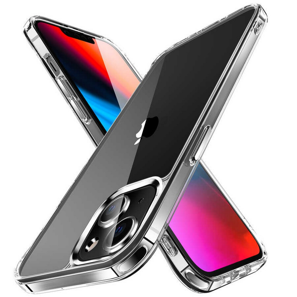 İki şeffaf telefon kılıfı, biri diğerinin üzerinde. Telefonların renkli ekranları var. Apple logosu görülebilir.