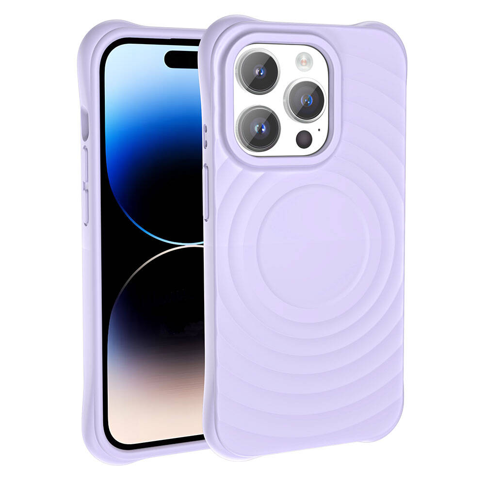 İçinde bir telefon bulunan açık mor bir telefon kılıfı. Kılıfın kamera boşluğu ve arkasında bir tasarım var.