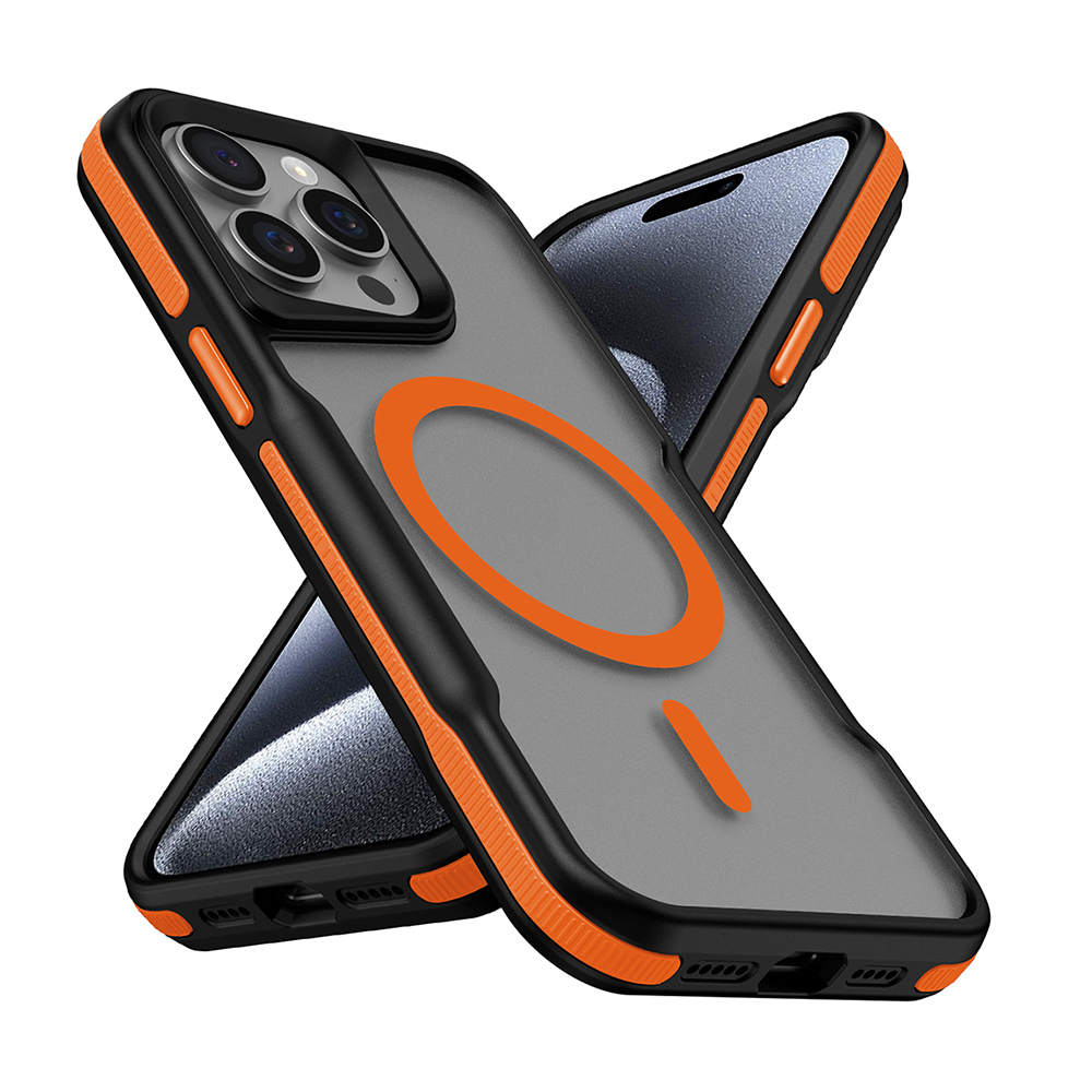 Siyah ve turuncu detaylara sahip iki şeffaf telefon kılıfı çaprazlanmış. Birinde turuncu bir daire ve çizgi var. iPhone kameraları görülebilir.