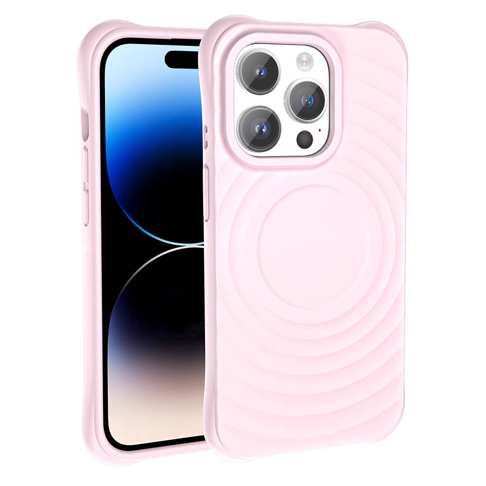 Bir akıllı telefonu koruyan pembe bir telefon kılıfı. Kılıfın arkasında dairesel bir tasarım var. Telefon ekranı görünür.