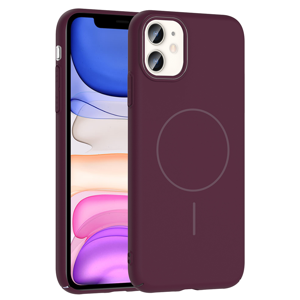 Bordo bir kılıf içinde bir iPhone. Kılıfın arkasında manyetik bir daire var. Telefonun kamerası ve ekranı görülebilir.