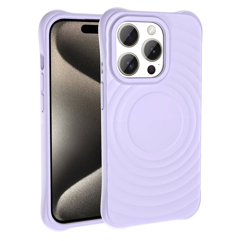 İçinde bir iPhone bulunan, açık mor bir telefon kılıfı. Kılıfın arkasında dairesel bir tasarım ve bir kamera modülü var.