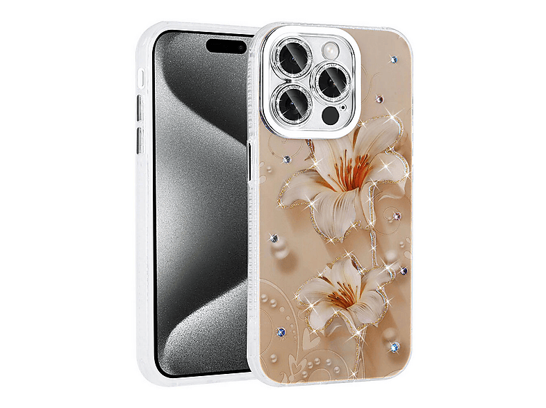 LOPARD iPhone 14 Pro Max Uyumlu Çiçek Desenli Parlak Taşlı Sert Silikon Garden Kapak Telefon Kılıfı Açık Pembe