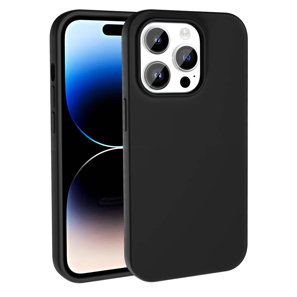 İçinde bir telefon bulunan siyah bir iPhone kılıfı. Telefonun ekranı mavi ve beyaz bir degrade gösteriyor. Kılıfın kamera oyuğu var.
