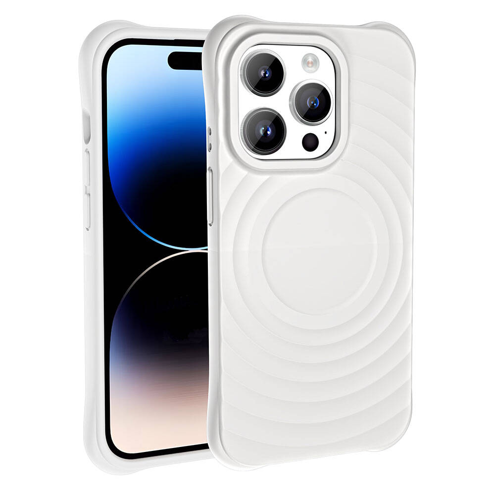 İçinde telefon bulunan beyaz telefon kılıfı. Kılıf dairesel bir tasarıma ve kamera boşluğuna sahip. Ekran görünür durumda.