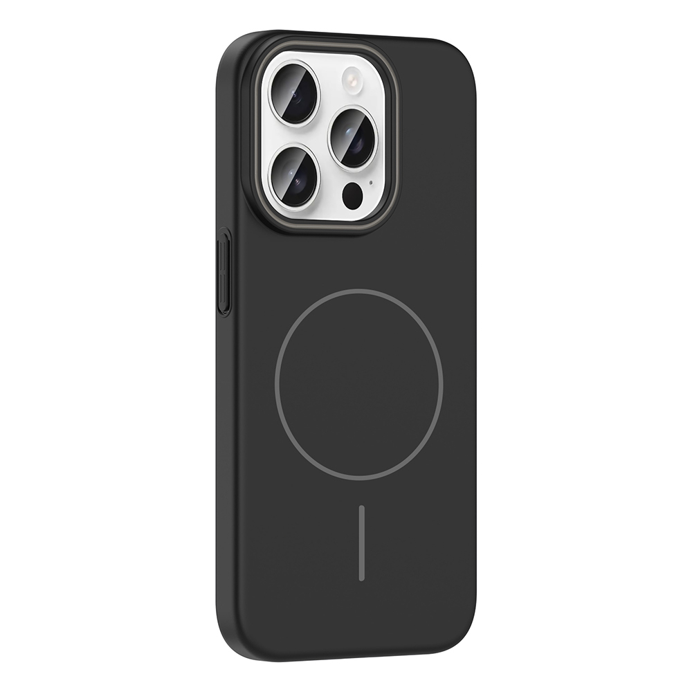 Üstte kamera kesimi, ortada dairesel tasarım ve altında bir çizgi bulunan siyah telefon kılıfı.