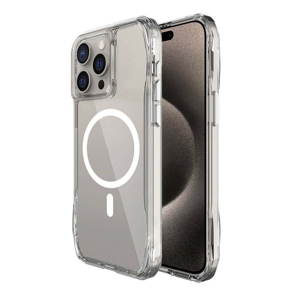 Beyaz manyetik daireli ve içinde telefon olan şeffaf telefon kılıfı. Telefonun birden fazla kamera merceği var.