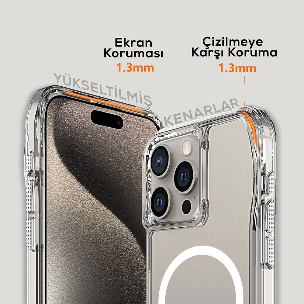 Koruyucu özelliklere sahip şeffaf telefon kılıfı. Kılıfın yükseltilmiş kenarları vardır. Ekran koruması 1,3 mm'dir. Telefondaki kameralar görünür.